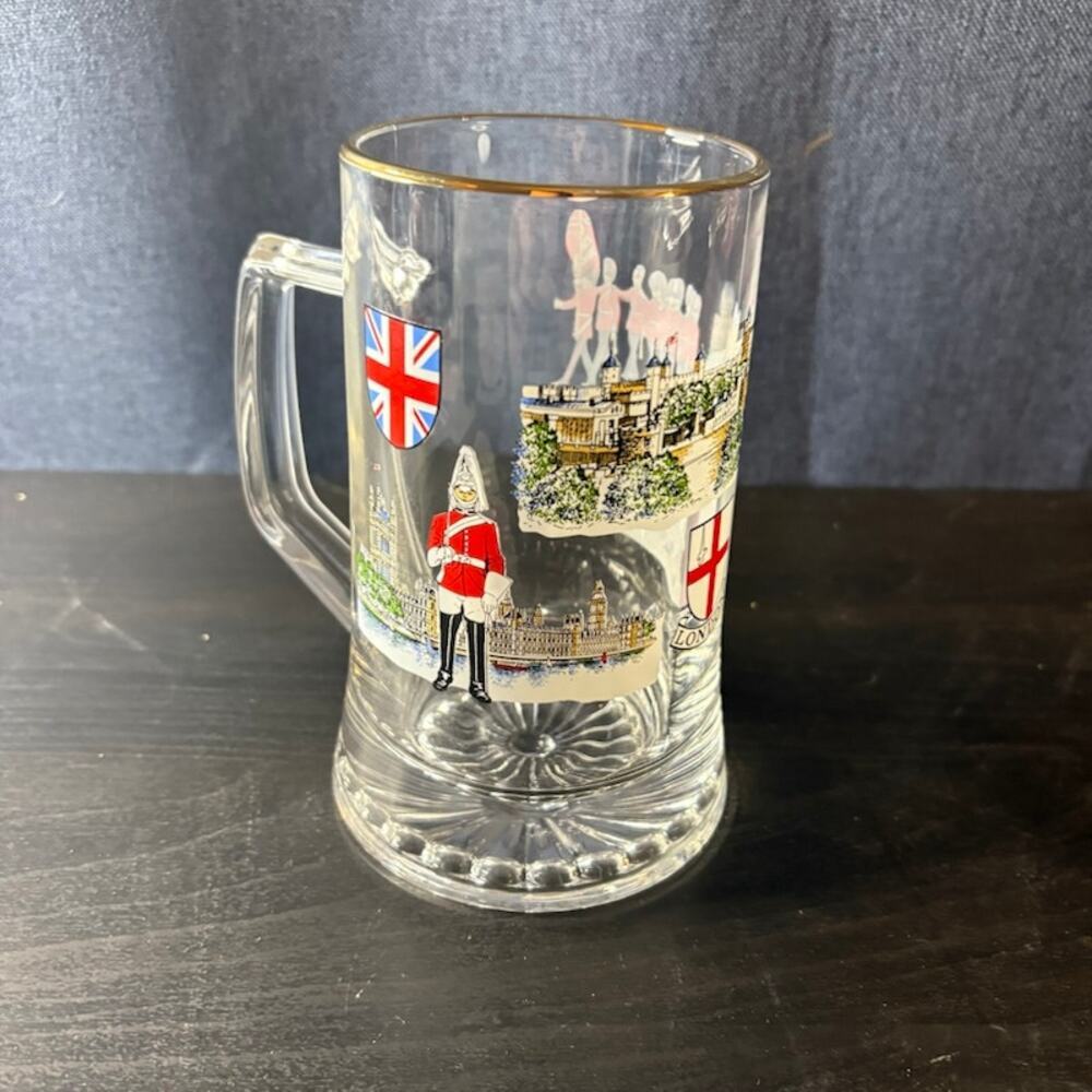 Clear Glass Gold-Rimmed Beer Stein Pint London British Scenes Heavy Bottom - Picture 2 of 10